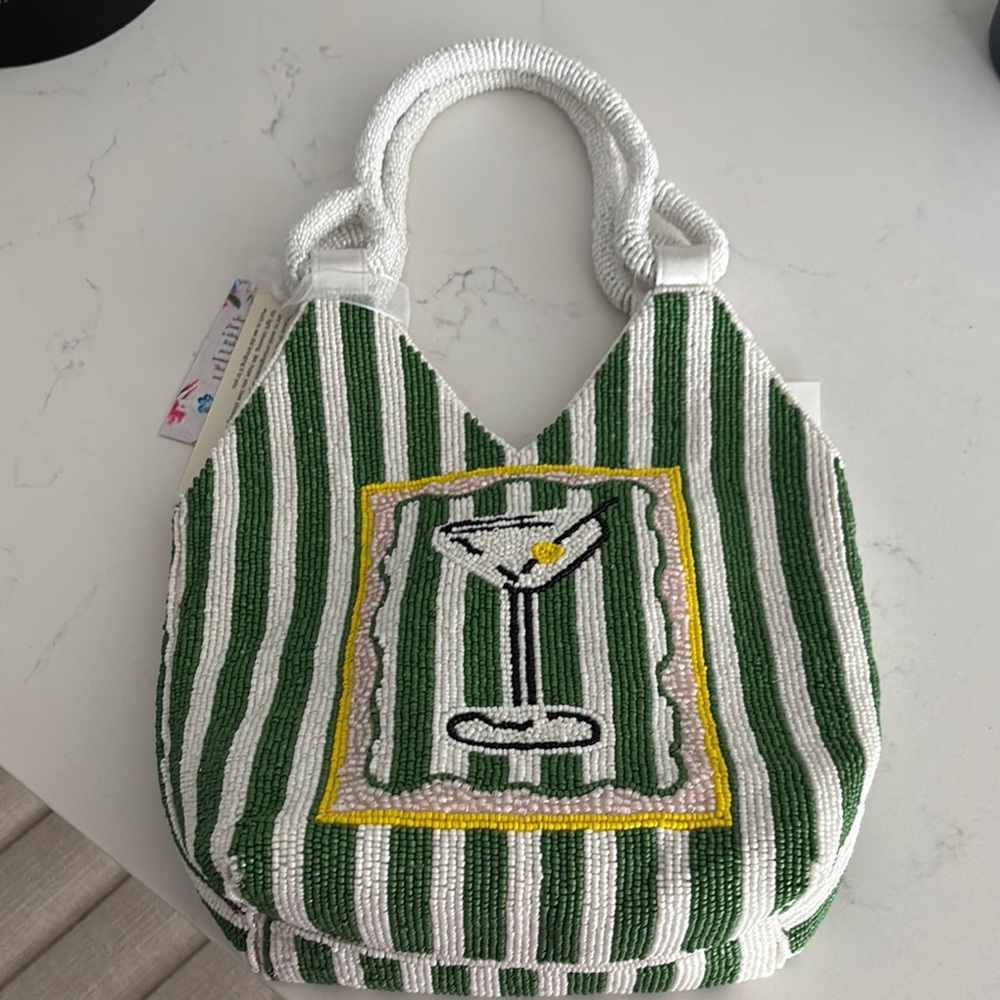 VIRAL Green and White Striped Martini Beaded Bag